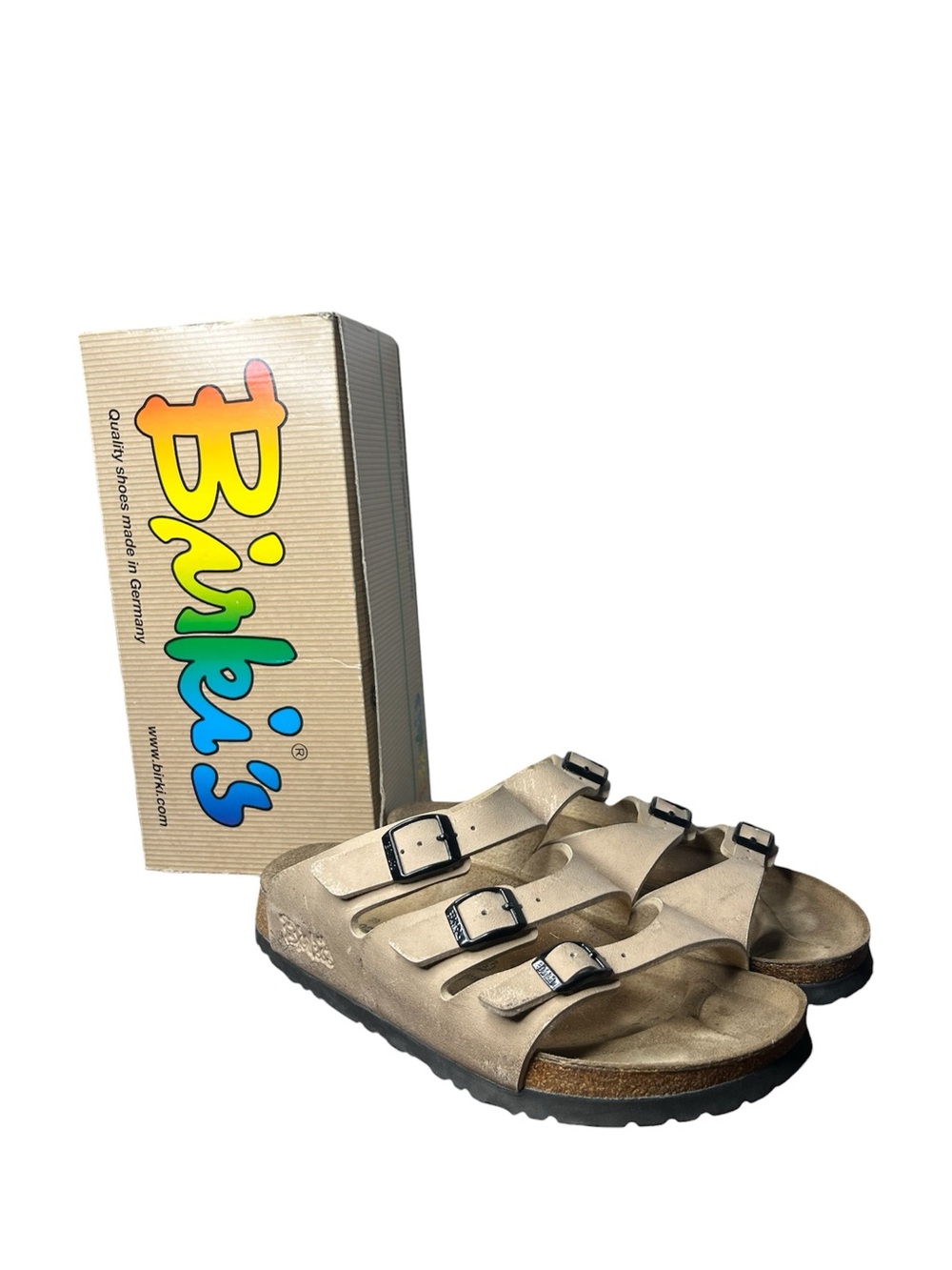 Birkis Tan Three Strap Slip On Florida Sandals Women’s 8 Men’s 6